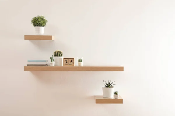 Wooden Shelves Beautiful Plants Calendar Light Wall — Stock Photo, Image