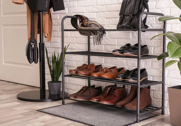 Shelving Rack Stylish Shoes Accessories White Brick Wall Indoors — Stock Photo, Image