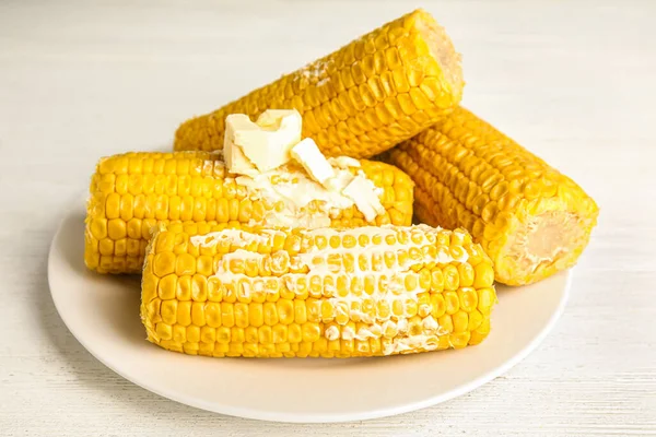 Delicious Boiled Corn Butter White Wooden Table — Stock Photo, Image