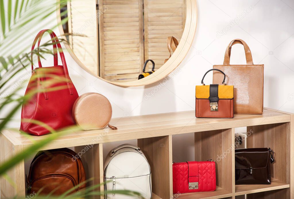 Collection of stylish woman's bags on wooden shelving unit indoors