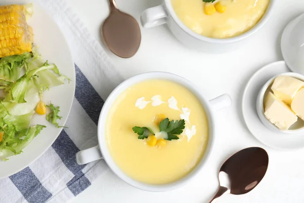 Delicious Corn Cream Soup Served White Table Flat Lay — Stock Photo, Image