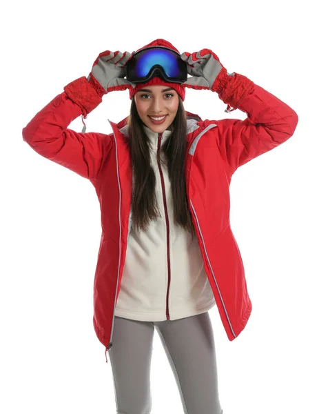 Frau Trägt Stylische Wintersportkleidung Auf Weißem Hintergrund — Stockfoto