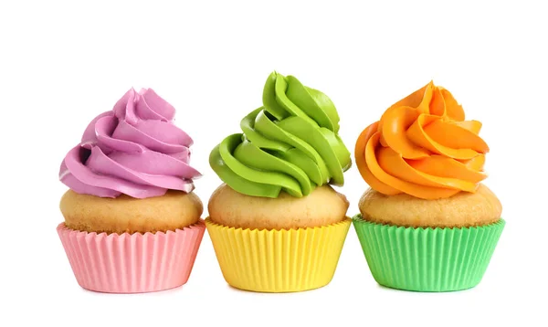 Deliciosos Cupcakes Aniversário Com Creme Manteiga Fundo Branco — Fotografia de Stock