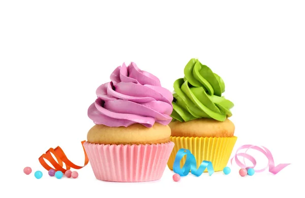 Delicious Birthday Cupcakes Buttercream White Background — Stock Photo, Image