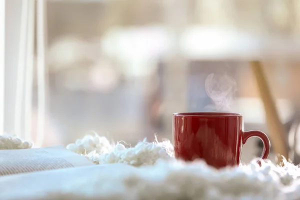 Kopje Koffie Boek Buurt Van Venster Ochtend Ruimte Voor Tekst — Stockfoto