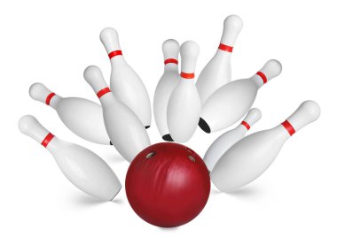 Bowling pimleri ve beyaz arka plan üzerinde topu