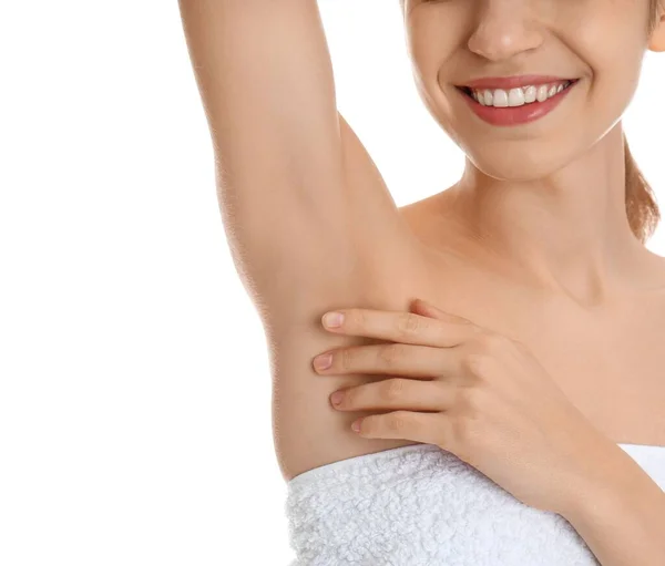 Young Woman Showing Armpit Smooth Clean Skin White Background Closeup — Stock Photo, Image