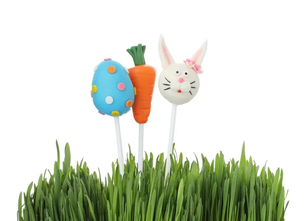 Different Delicious Sweet Cake Pops Grass White Background Easter Holiday — Stock Photo, Image