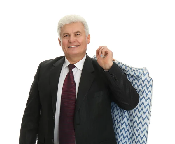 Senior Man Met Kledinghoes Met Kleren Een Witte Achtergrond Chemisch — Stockfoto