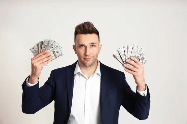 Confident Man Cash Money Light Grey Background — Stock Photo, Image