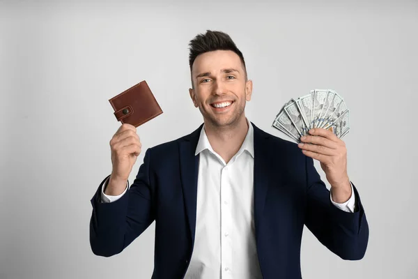 Happy Man Cash Money Wallet Light Grey Background — Stock Photo, Image