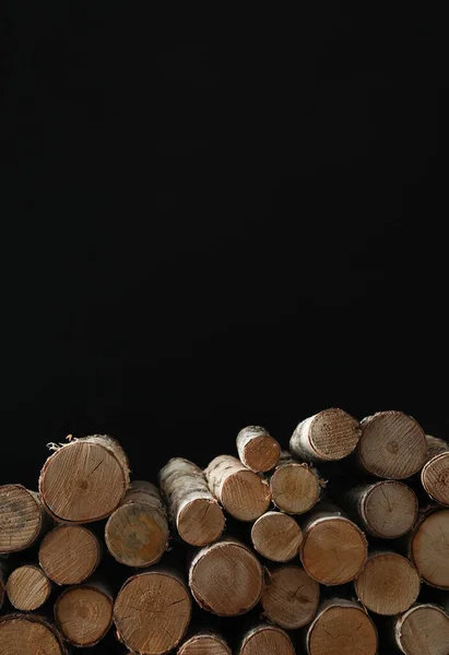 Cut Firewood Black Background Space Text — Stock Photo, Image