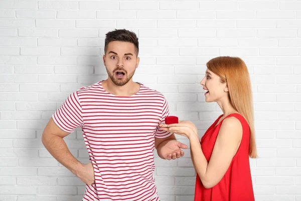 Young Woman Engagement Ring Making Marriage Proposal Her Boyfriend White — Stock Photo, Image