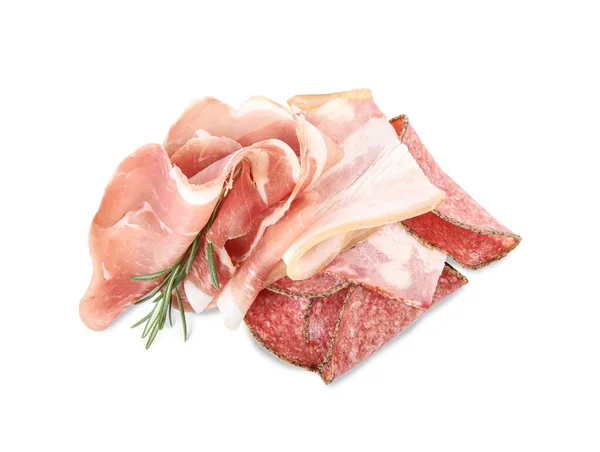 Delicious Prosciutto Sausages White Background Top View — Stock Photo, Image