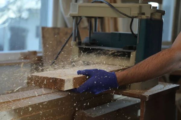 Professional Carpenter Working Grinding Machine Shop Closeup — Stock Photo, Image