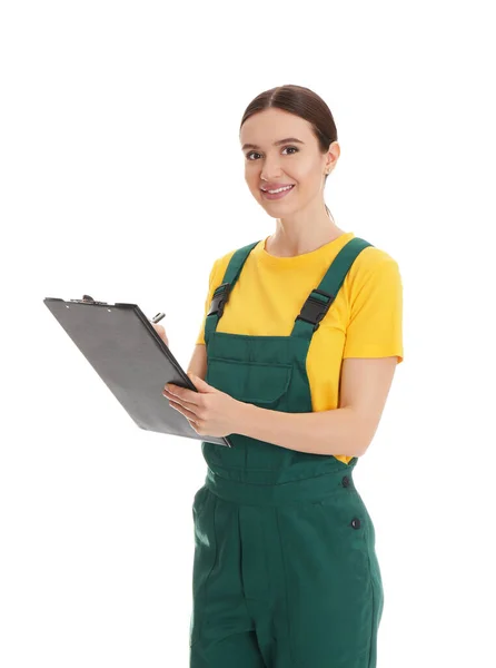 Portrait Professional Auto Mechanic Clipboard White Background — Stok Foto