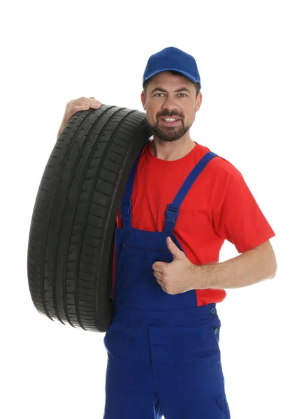 白色底轮胎专业汽车机械师的肖像 — 图库照片