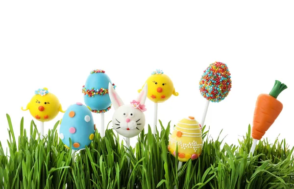 Different Sweet Cake Pops Easter Celebration Grass White Background — Stock Photo, Image