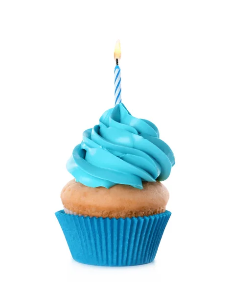 Heerlijke Verjaardag Cupcake Met Kaars Geïsoleerd Wit — Stockfoto