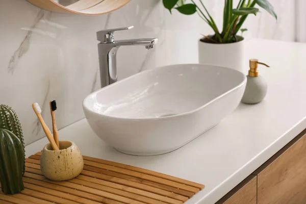 Stylish Vessel Sink Light Countertop Modern Bathroom — Stock Photo, Image