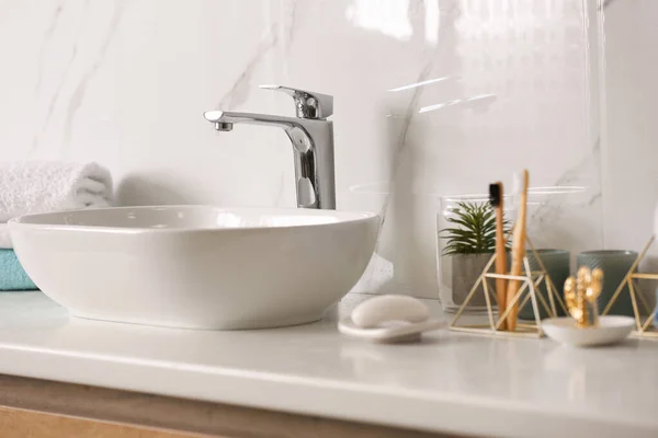 Stylish Vessel Sink Light Countertop Modern Bathroom — Stock Photo, Image