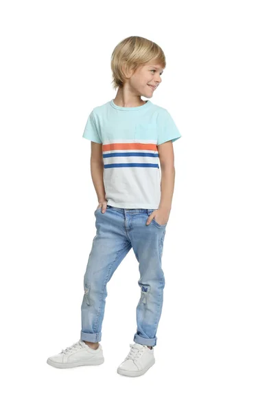 Menino Bonito Roupa Casual Fundo Branco — Fotografia de Stock