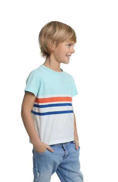 Söt Liten Pojke Casual Outfit Vit Bakgrund — Stockfoto