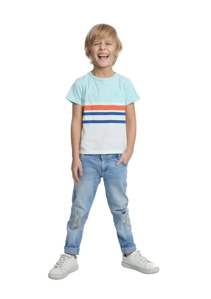 Glad Liten Pojke Casual Outfit Vit Bakgrund — Stockfoto