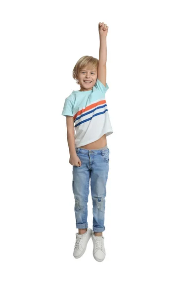 Счастливый Мальчик Прыгает Белом Фоне — стоковое фото