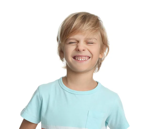 Porträtt Glad Liten Pojke Vit Bakgrund — Stockfoto