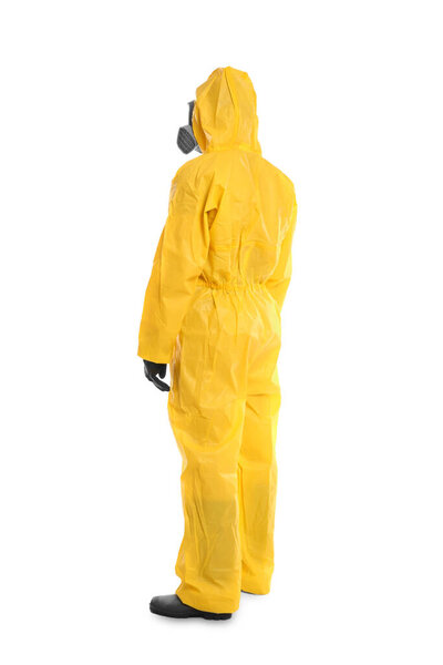 Man wearing chemical protective suit on white background. Virus research