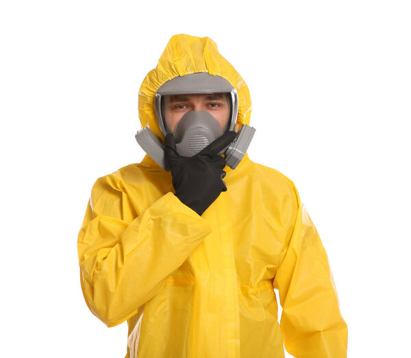 Man wearing chemical protective suit on white background. Virus research