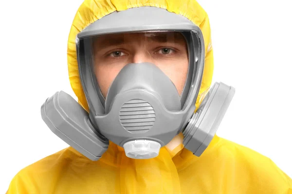 Man Wearing Chemical Protective Suit White Background Closeup Virus Research — Stock Photo, Image