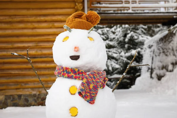 Muñeco Nieve Divertido Con Sombrero Bufanda Aire Libre Vacaciones Invierno —  Fotos de Stock