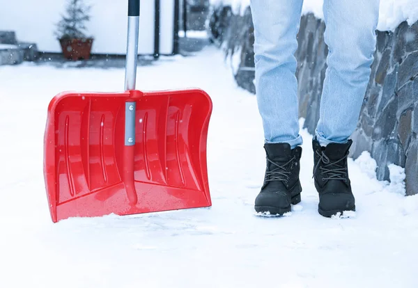 Man Red Snow Shovel Outdoors Winter Weather — Stock Photo, Image