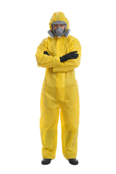 Man wearing chemical protective suit on white background. Prevention of virus spread