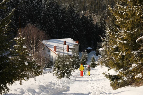 Menschen Die Sonnigen Wintertagen Der Nähe Von Verschneiten Wäldern Spazieren — Stockfoto