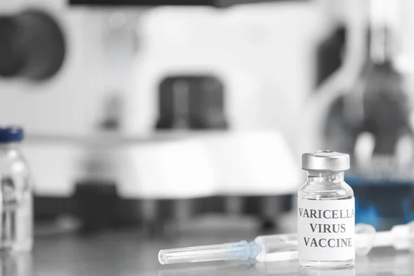Chickenpox Vaccine Syringe Table Laboratory Space Text Varicella Virus Prevention — Stock Photo, Image