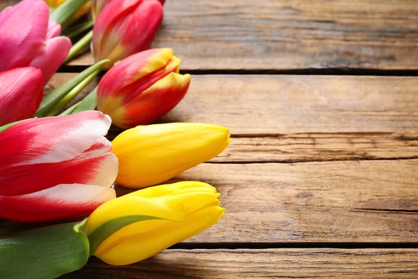 Beautiful Spring Tulips Wooden Background Closeup Space Text Stock Picture