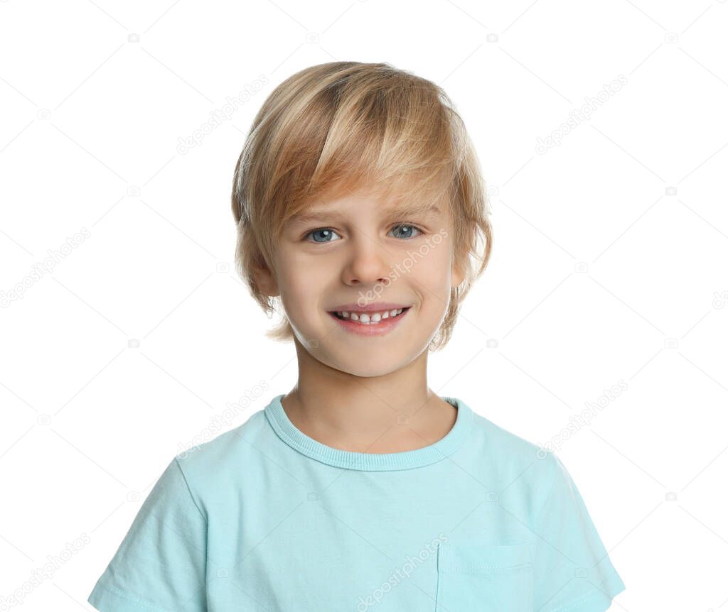 Portrait of happy little boy on white background