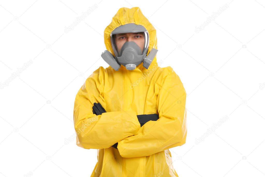 Man wearing chemical protective suit on white background. Virus research