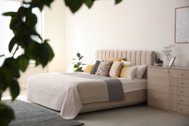 Rahat yatağı olan çağdaş bir oda.