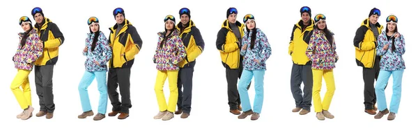 Collage Couple Wearing Winter Sports Clothes White Background Banner Design — Stock Photo, Image