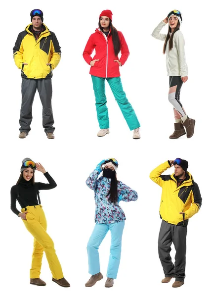 Koláž Lidí Sobě Zimní Sportovní Oblečení Bílém Pozadí — Stock fotografie