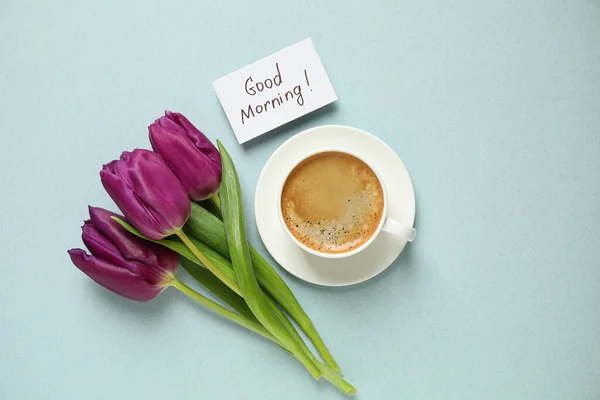 Läckert Kaffe Blommor Och Kort Med God Morgon Önskan Ljus — Stockfoto