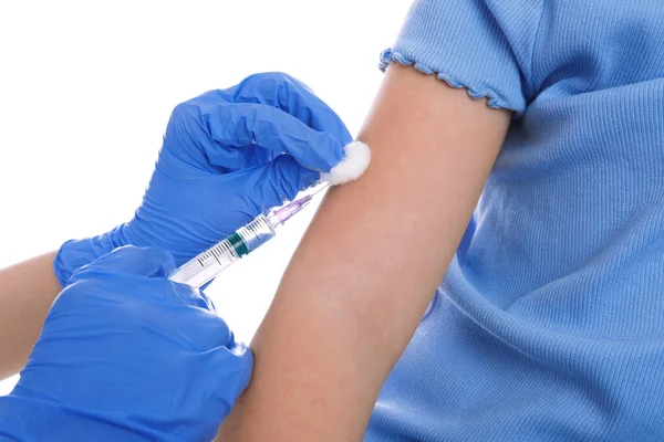 Menina Receber Vacinação Contra Varicela Fundo Branco Close Prevenção Vírus — Fotografia de Stock