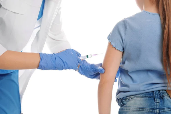 Petite Fille Vaccinée Contre Varicelle Sur Fond Blanc Gros Plan — Photo