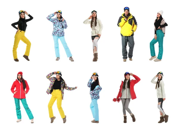 Collage People Wearing Winter Sports Clothes White Background — Stock Photo, Image