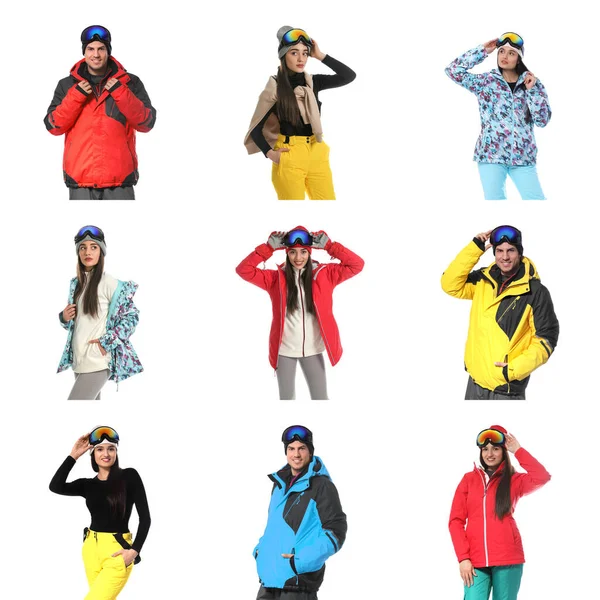 Collage Personnes Portant Des Vêtements Sports Hiver Sur Fond Blanc — Photo