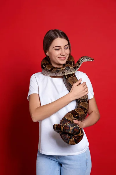 Young Woman Boa Constrictor Red Background Exotic Pet — Stock Photo, Image